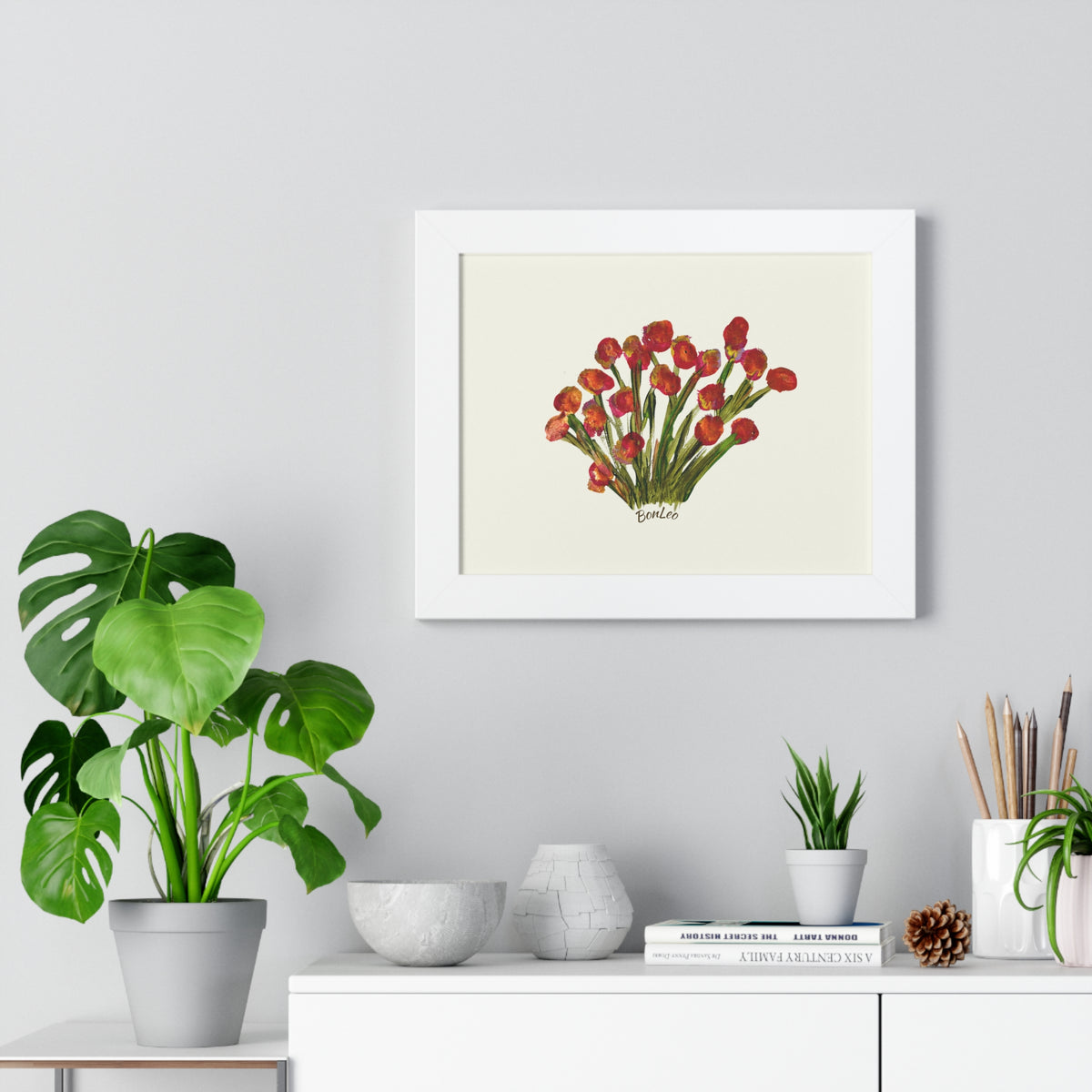 Whimsical Garden Red Flowers Framed Horizontal Poster